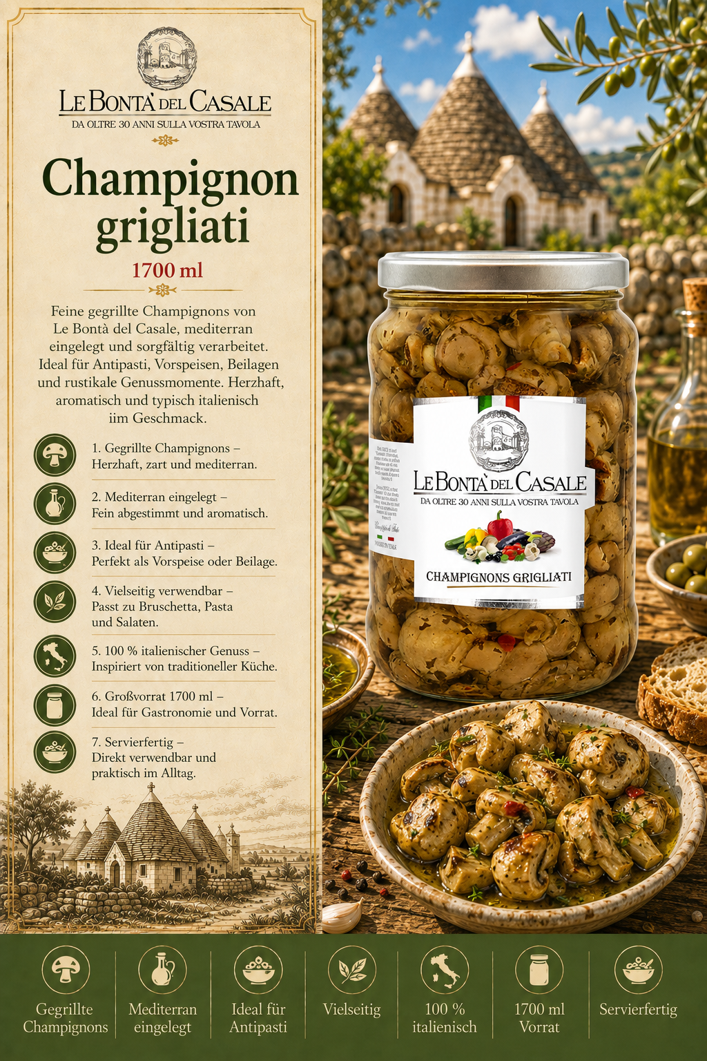 Champignons, Grillierte Champignons, Gläser mit Pilzen, italienisch, 1700 ml Vorrat