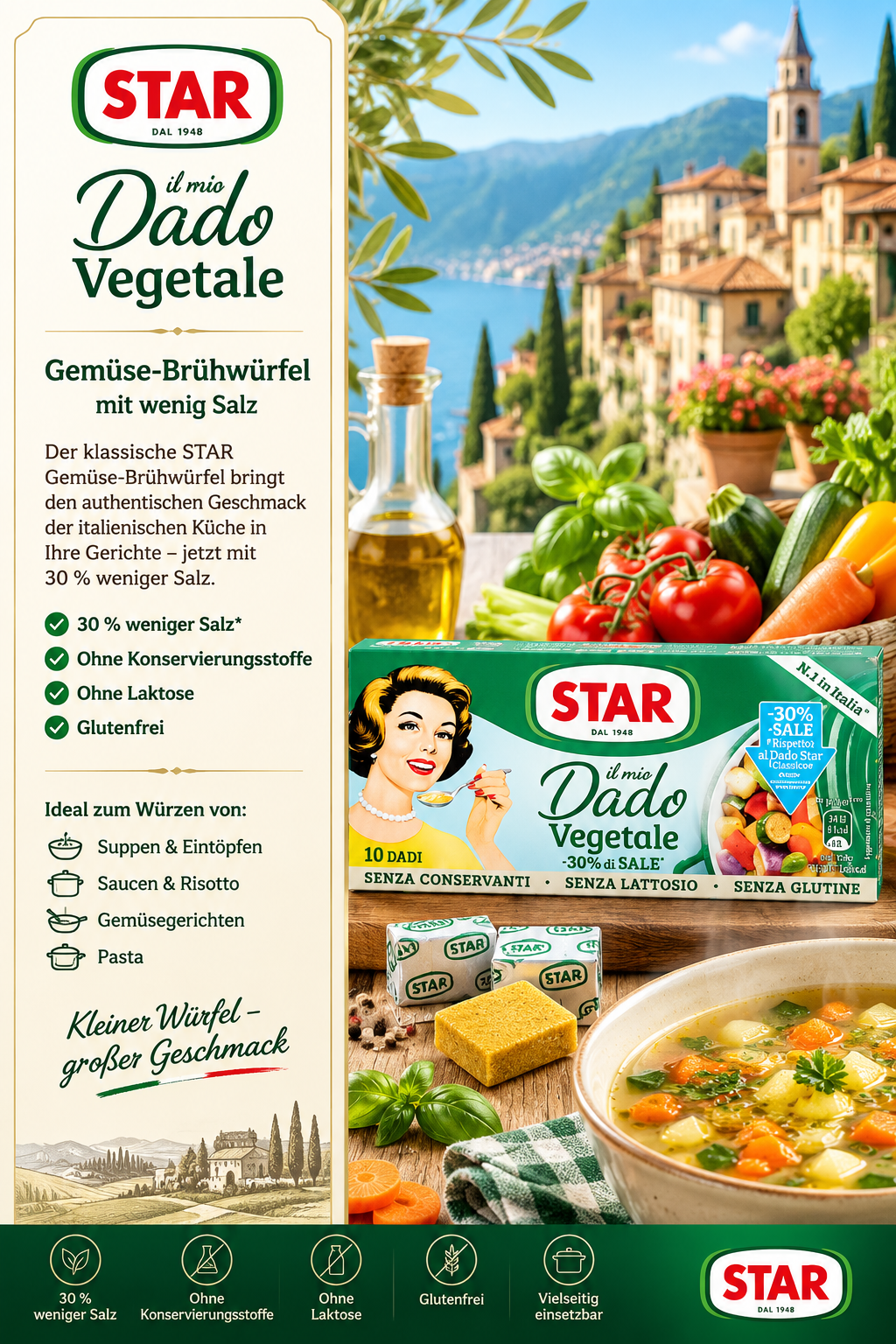 Gemüsebrühe, vegetarisch, italienischer Stil, salzreduziert, glutenfrei