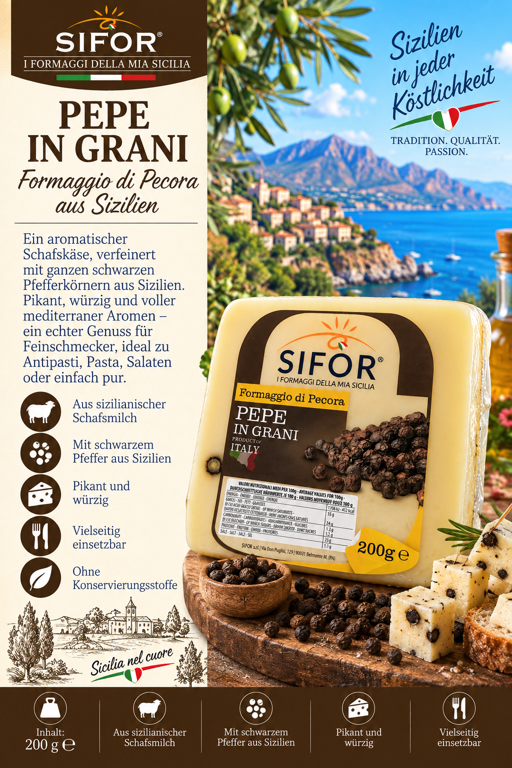 Käse, Pecorino, Pepe in Grani, Sizilien, Schafsmilch