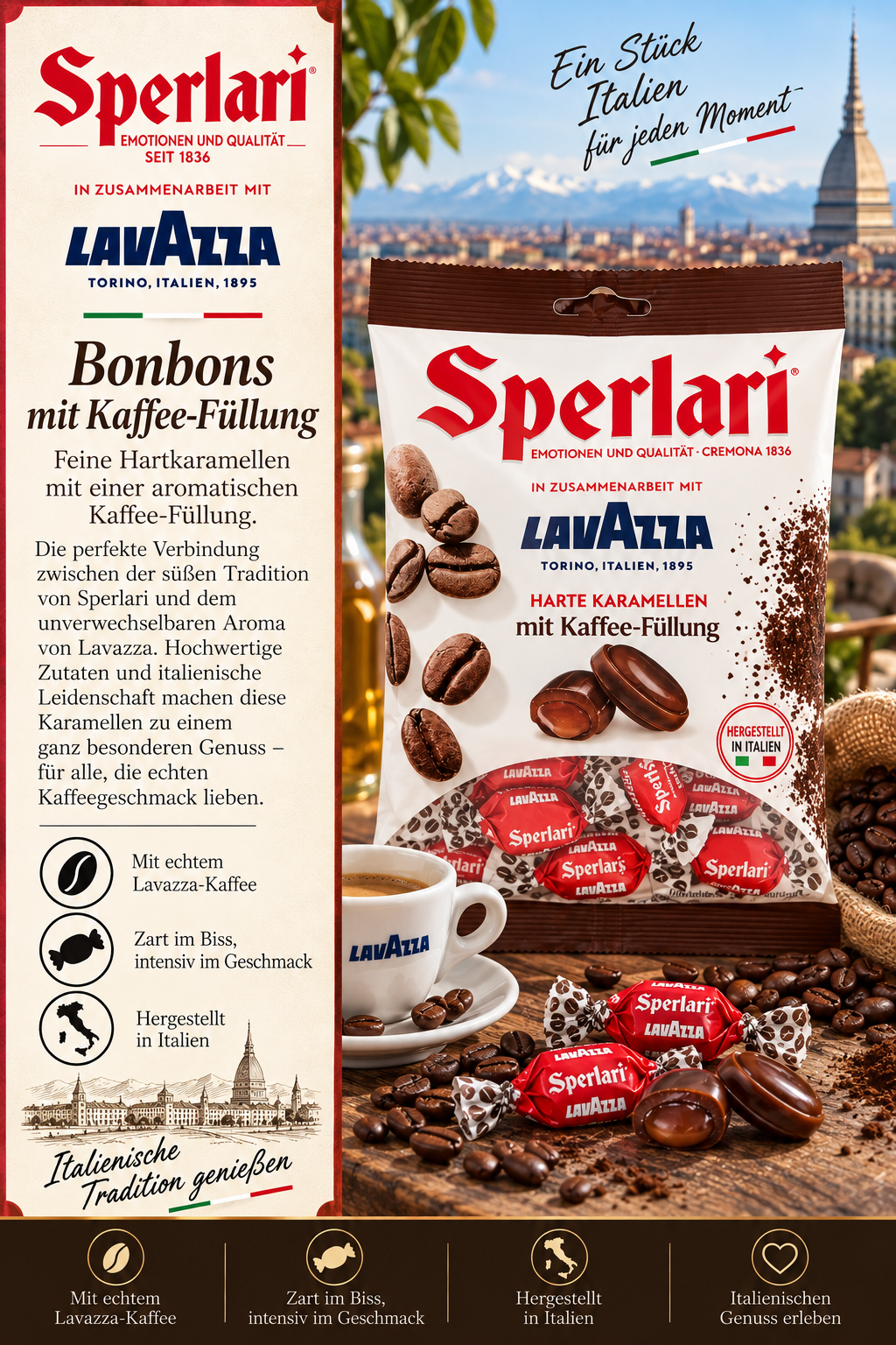 Kaffee-Füllung, Karamellbonbons, Sperlari, Lavazza, Italienische Tradition