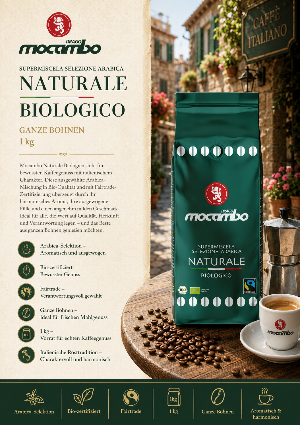 Kaffee, Kaffeebohnen, Biologischer Kaffee, Naturale, Ganze Bohnen
