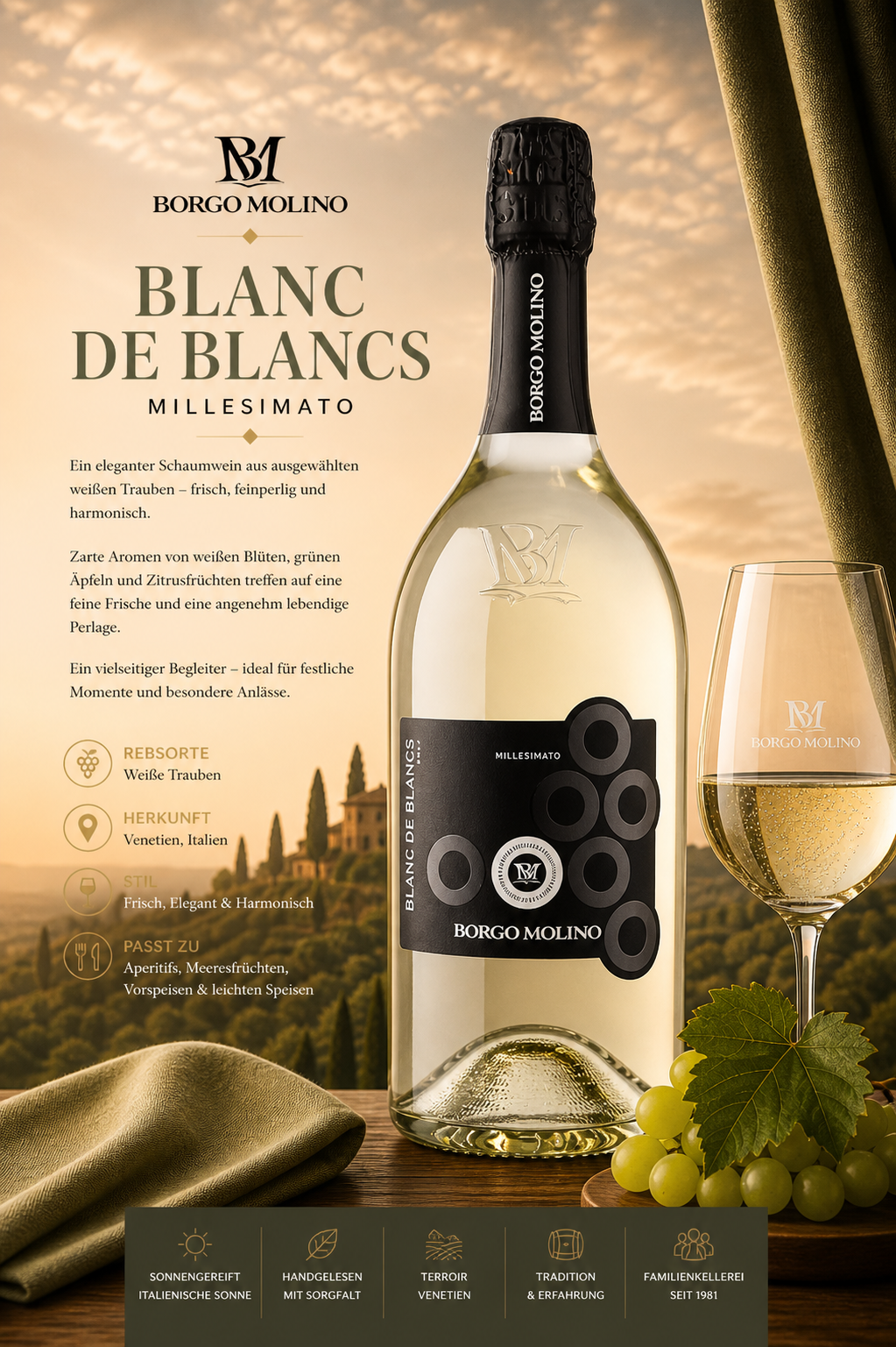 Champagne, Weißwein, Flasche, Weinglas, Trauben