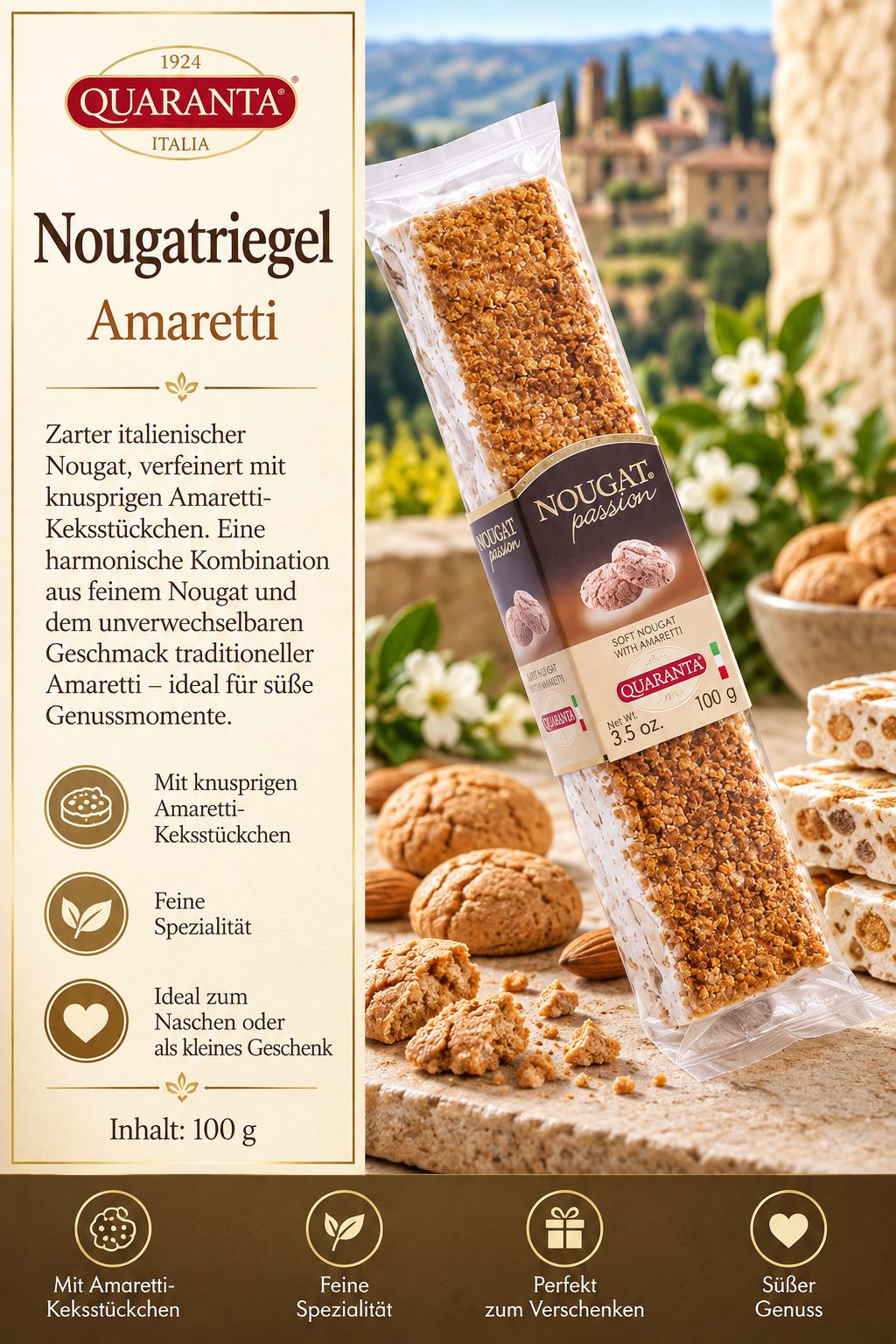 Nougatriegel, Amaretti, Keks, Keksstückchen, Amaretti-Keks