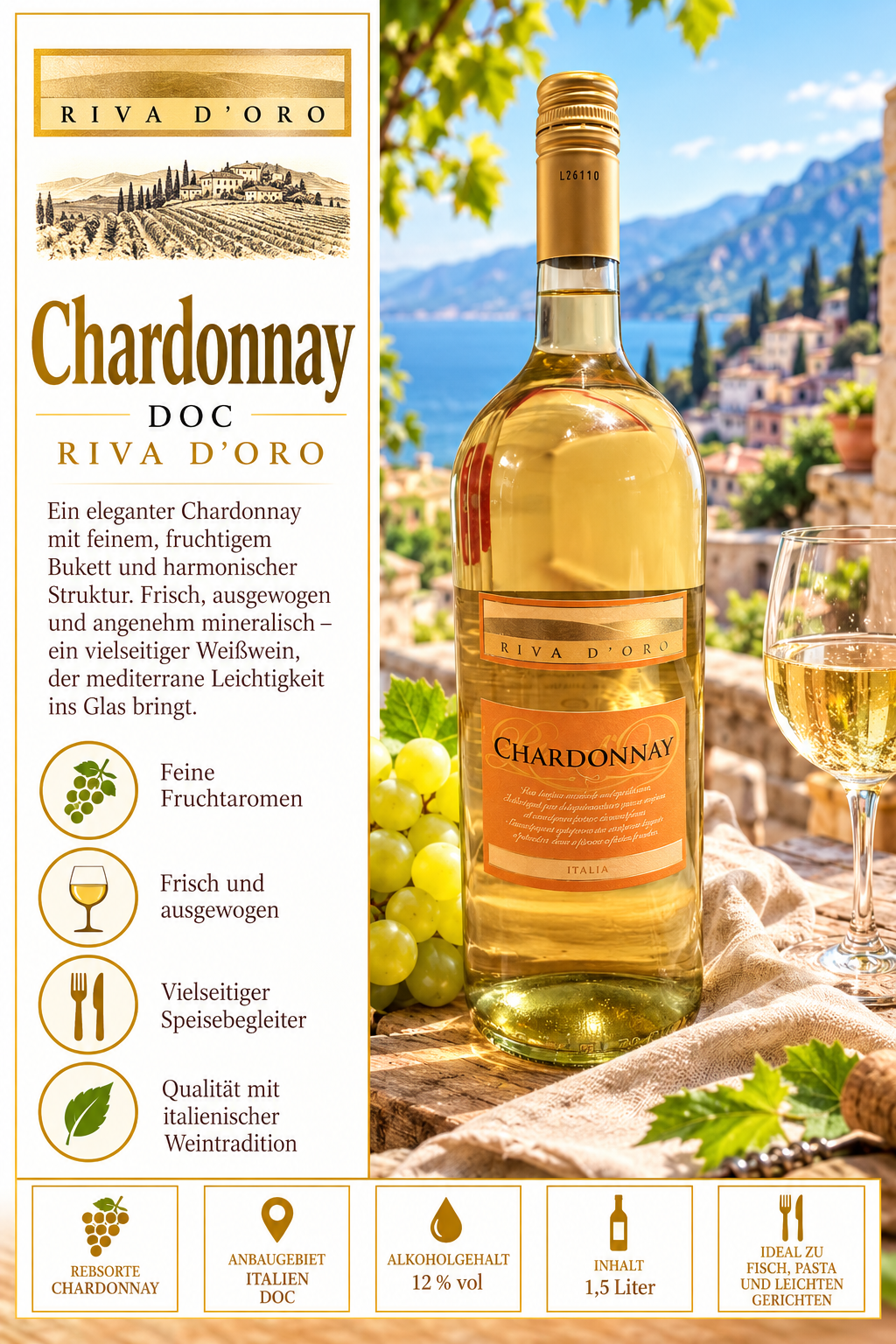 Chardonnay, Weißwein, Italien, 1,5 Liter, Alkoholgehalt 12% vol