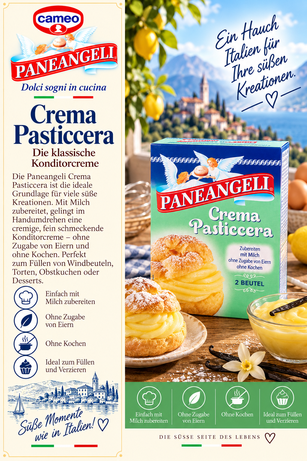 Crema Pasticcera, Milchbasierte Creme, Kuchencreme, Italienische Süßspeise, 2 Beutel