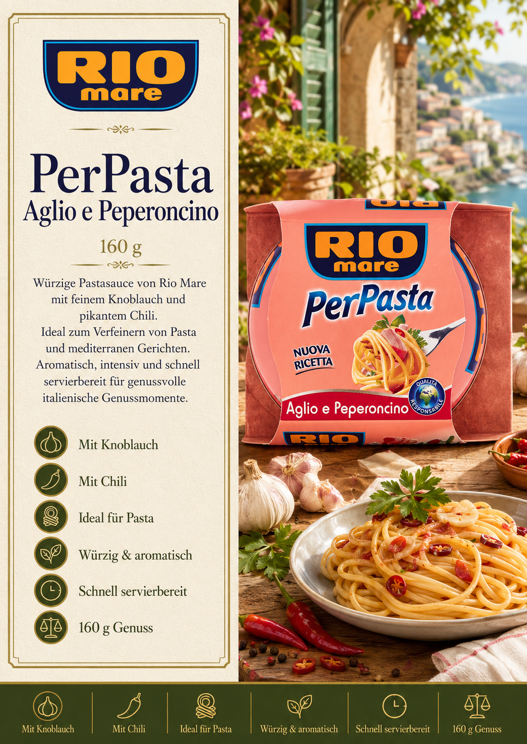 Pasta, Aglio e Peperoncino, Rio Mare, 160 g, Packung