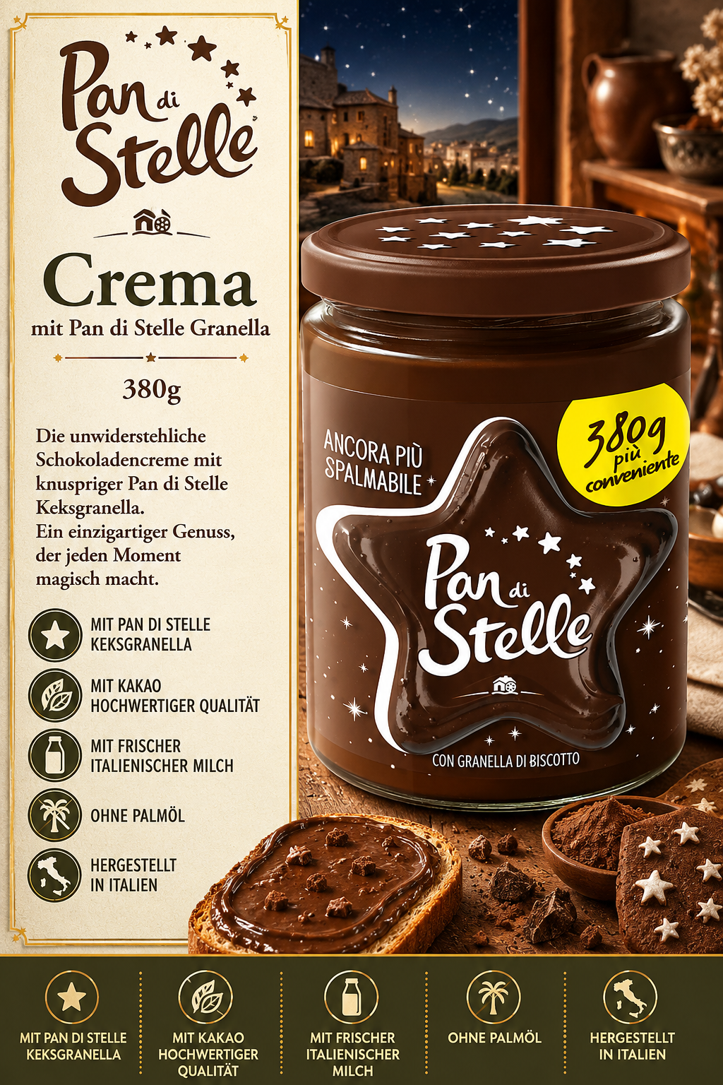 Schokoladencreme, Pan di Stelle, Glas jar, Kekskrème, Granella