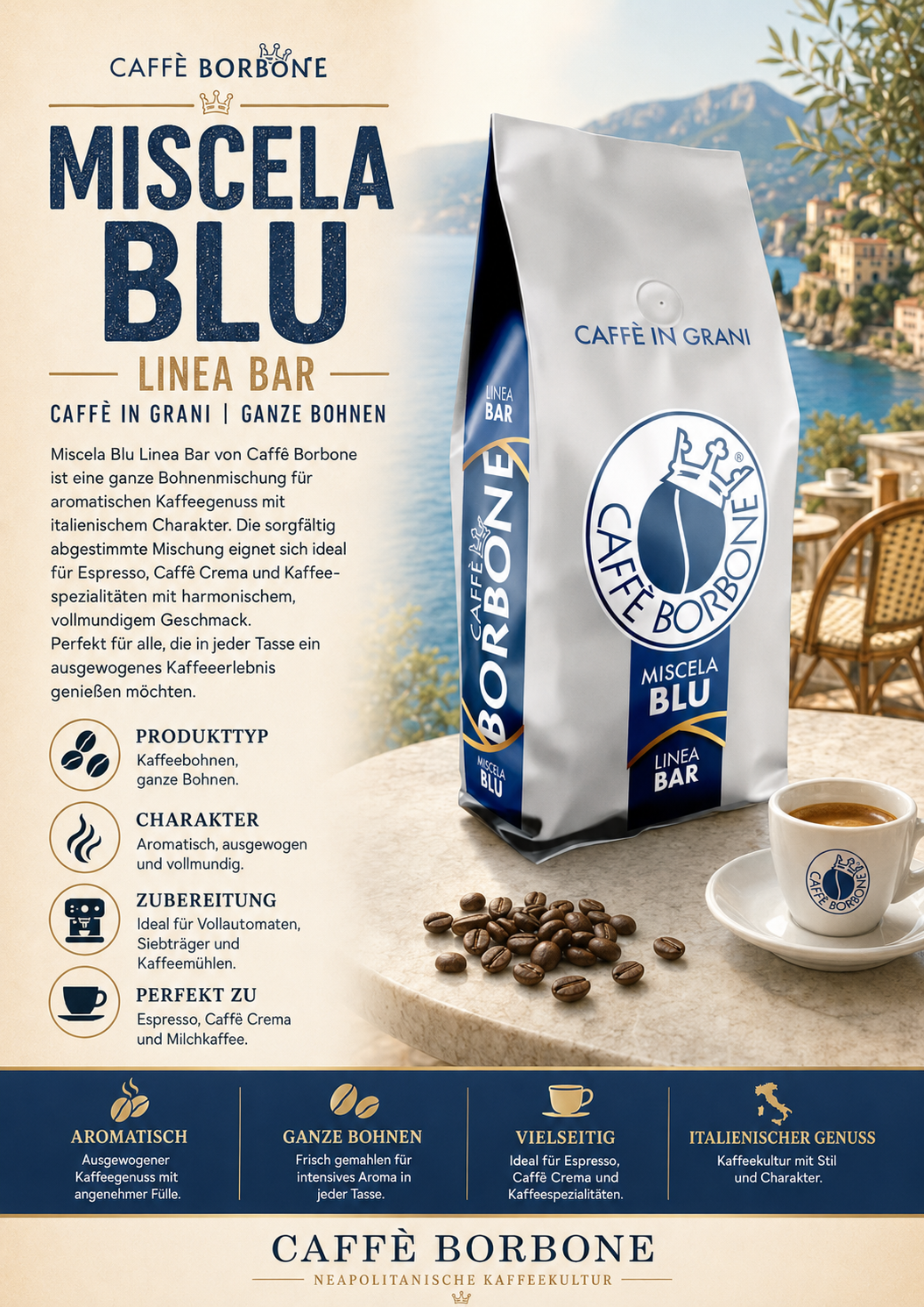 Kaffeebohnen, Mischka Blu, Linea Bar, Kaffee, Verpackung