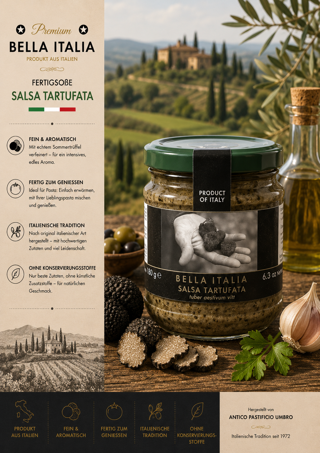 Salsa Tartufata, Trüffel, Glas jar, Italienische Tradition, Pasta Beilage
