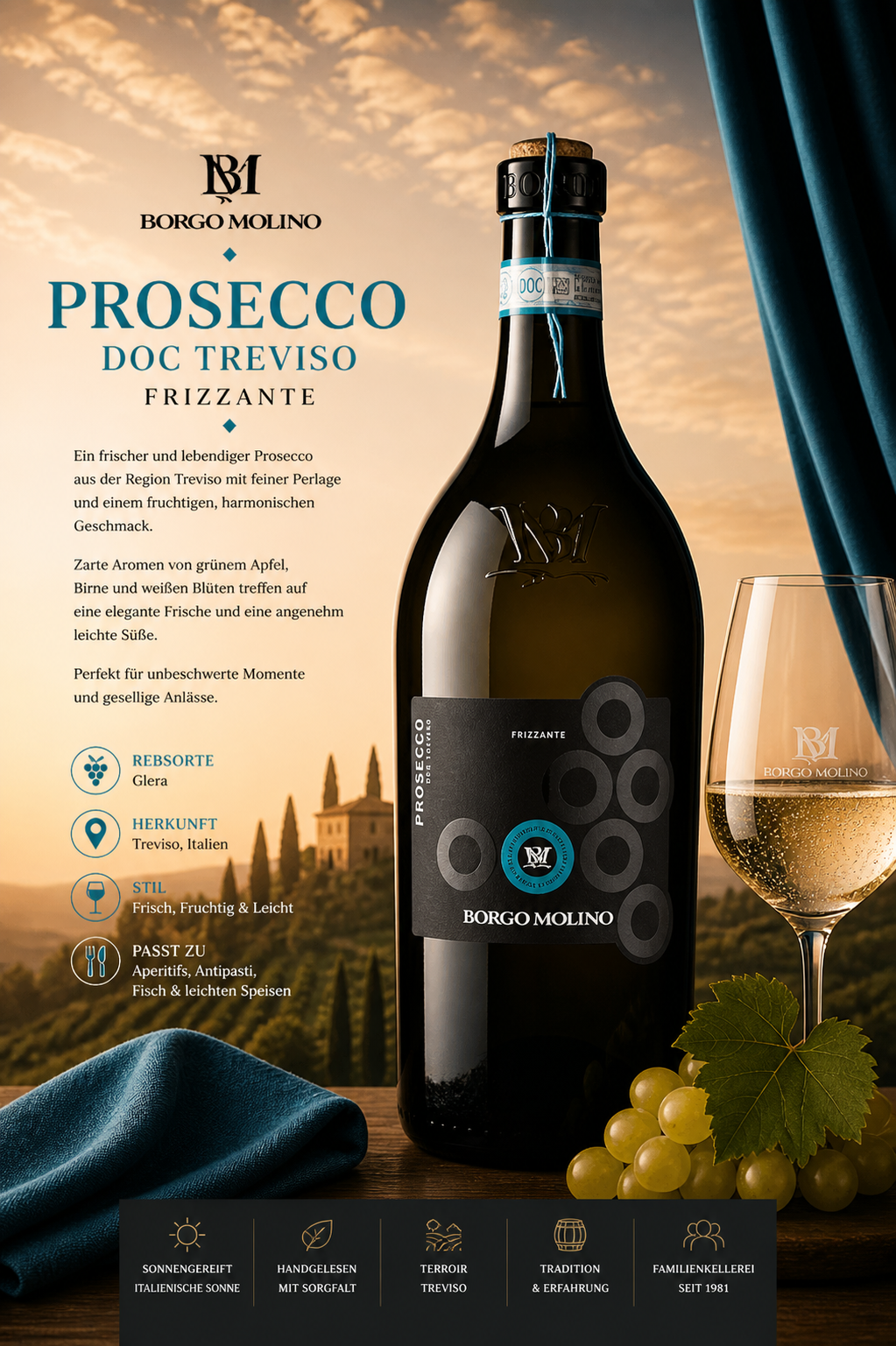 Prosecco, Weinflasche, Frizzante, Treviso, Größter-Label-Details