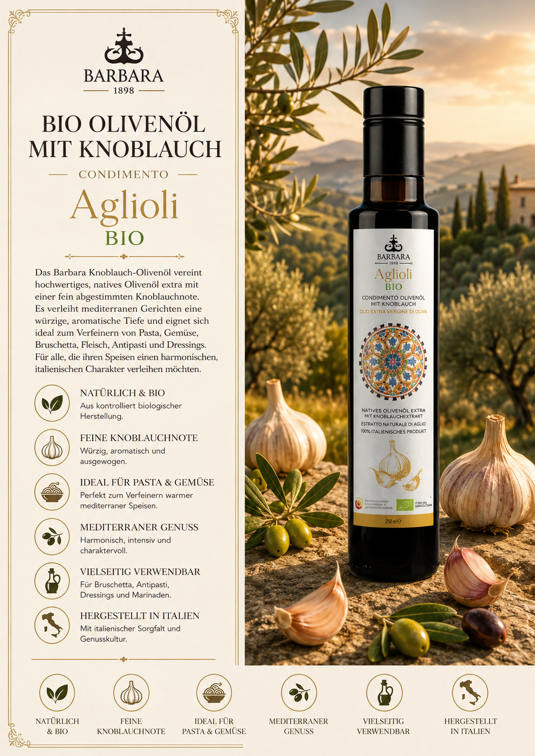 Bio Olivenöl, Knoblauch, Olivenöl-Flasche, Aglioli, Italienisches Produkt