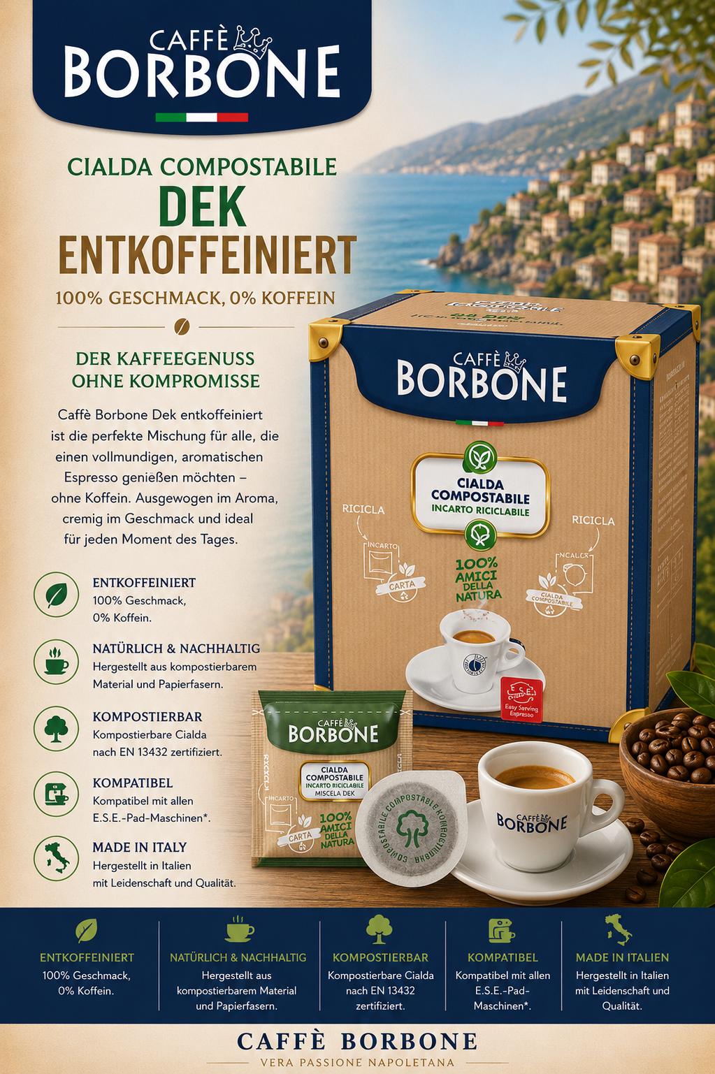 Kaffee, Kapsel, Kompostierbar, Dek Entkoffeinierter, Italien