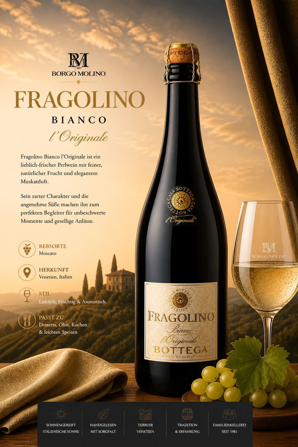 Weißwein, Fragonline Bianco, Bottiglia vino, Weinglas, Grüne Trauben