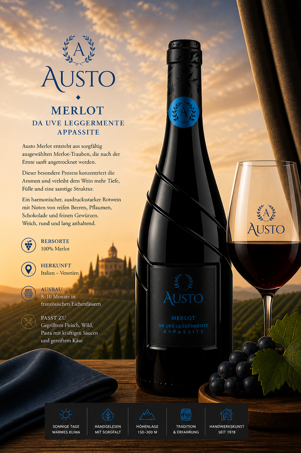 Merlot, Weinflasche, Rotwein, Glas, Etikett blau