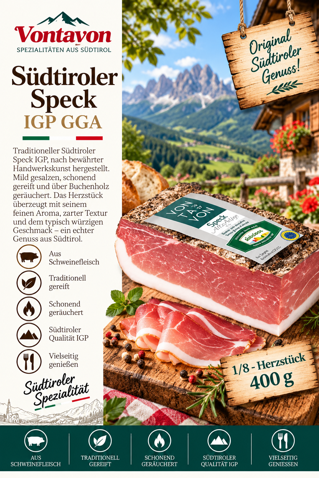 Südtiroler Speck, IGP GGA, Schinken, Speckrolle, KäseFeinheit