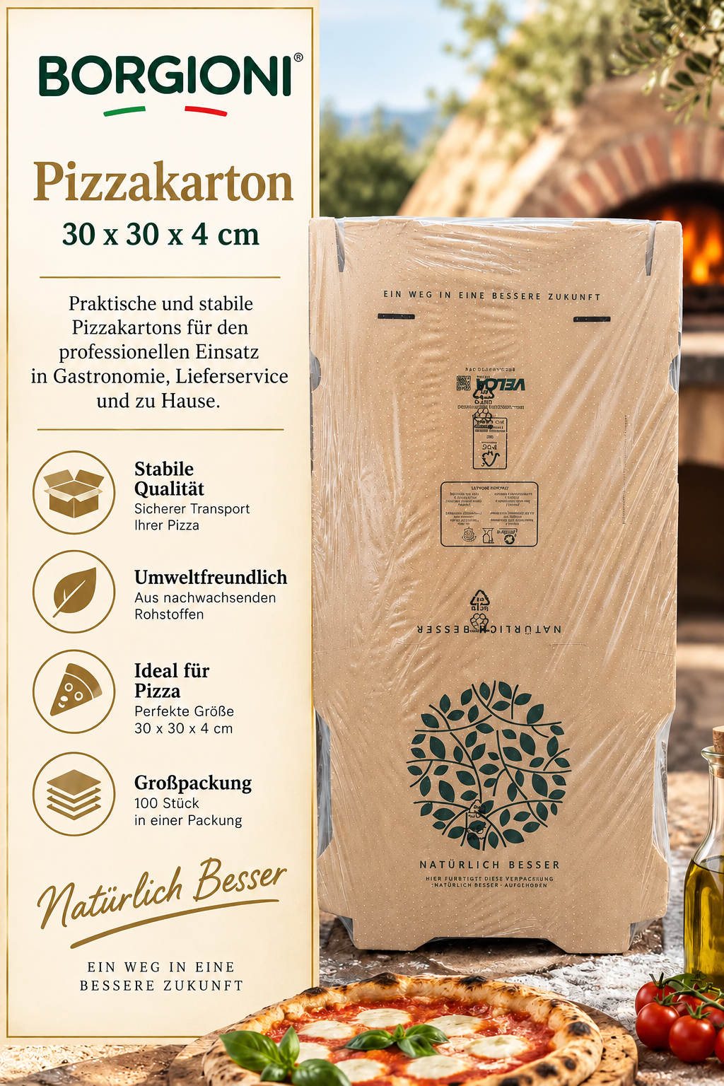 Pizzakarton, Pizza, Kartonsverpackung, Umweltfreundlich, Größe 30x30x4 cm