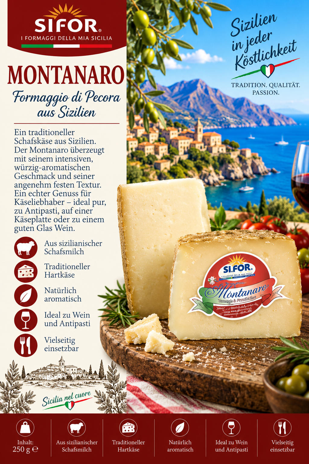 Sicilianischer Käse, Montanar o Käse?, Schafmilchkäse, Hartkäse, gereifter Käse, Olivenbaum-Motiv, Käsebrett, Käseblock, Parmesan-ähnlich