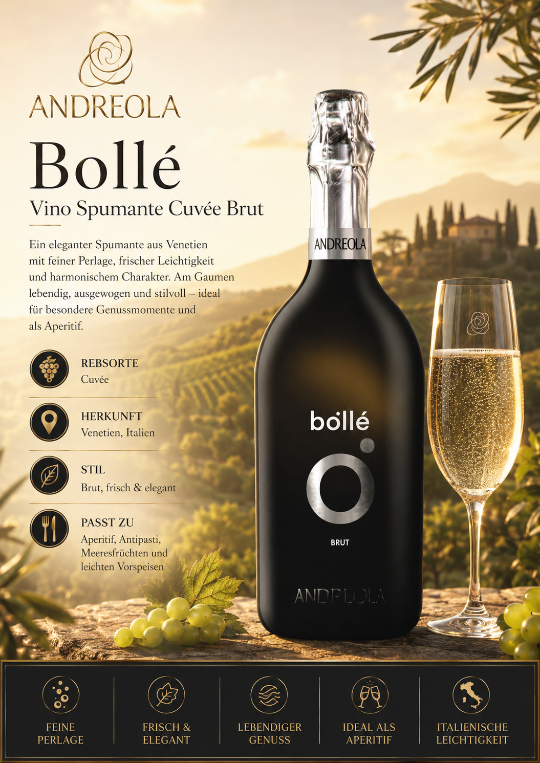 Sekt, Brut, Flasche, Trauben, Italien