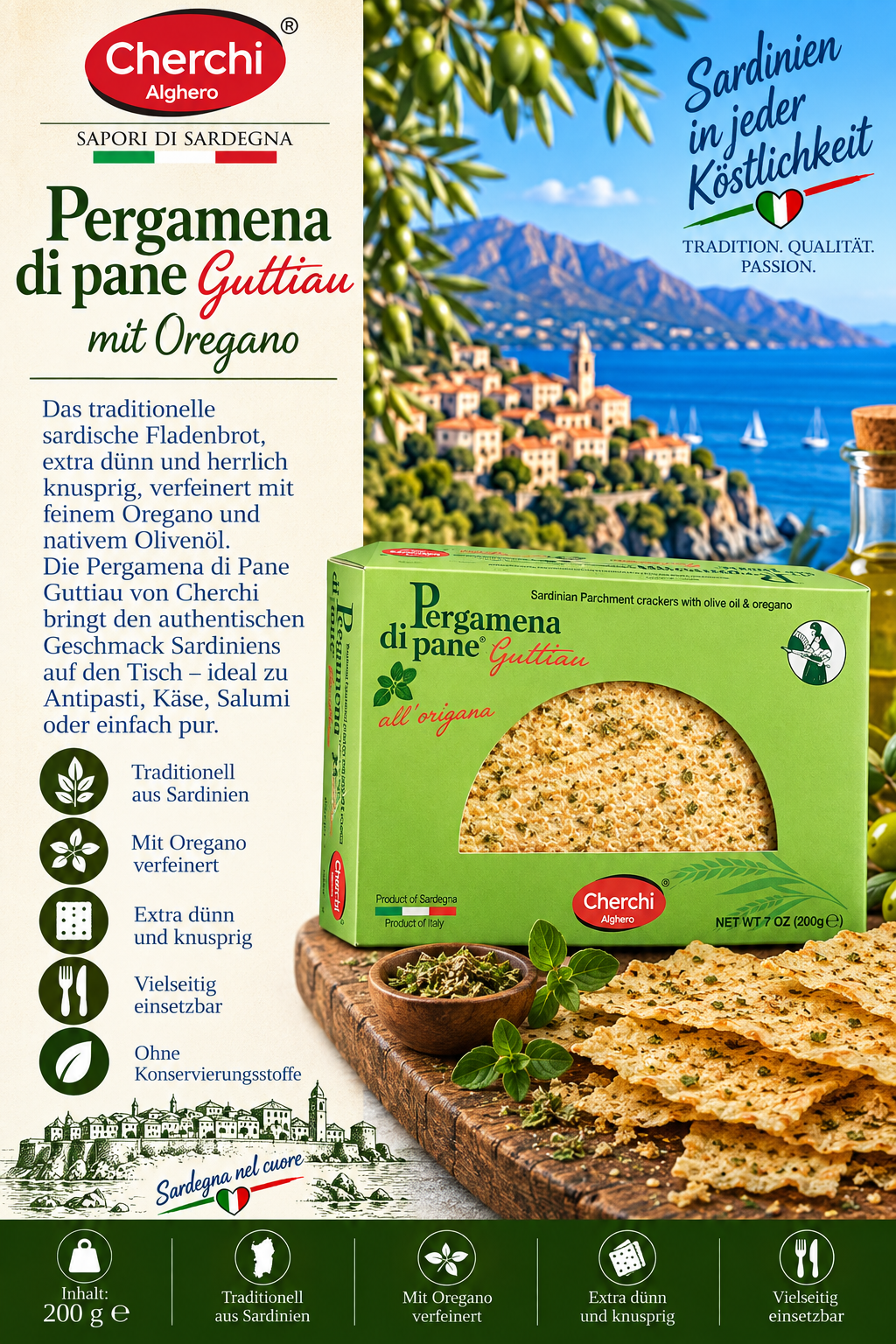 Sardinenbrot, Pergamena di pane, Oregano, Knusprige crackers, Olivenöl