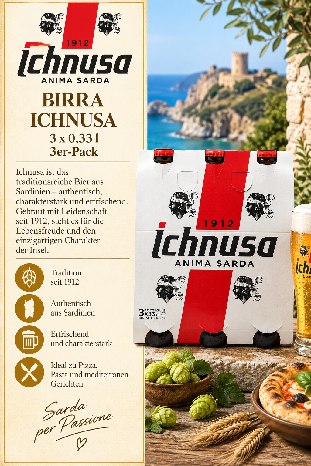 Bier, Bierverpackung, Ital. Bier, Birra Ichnusa, 3x33cl