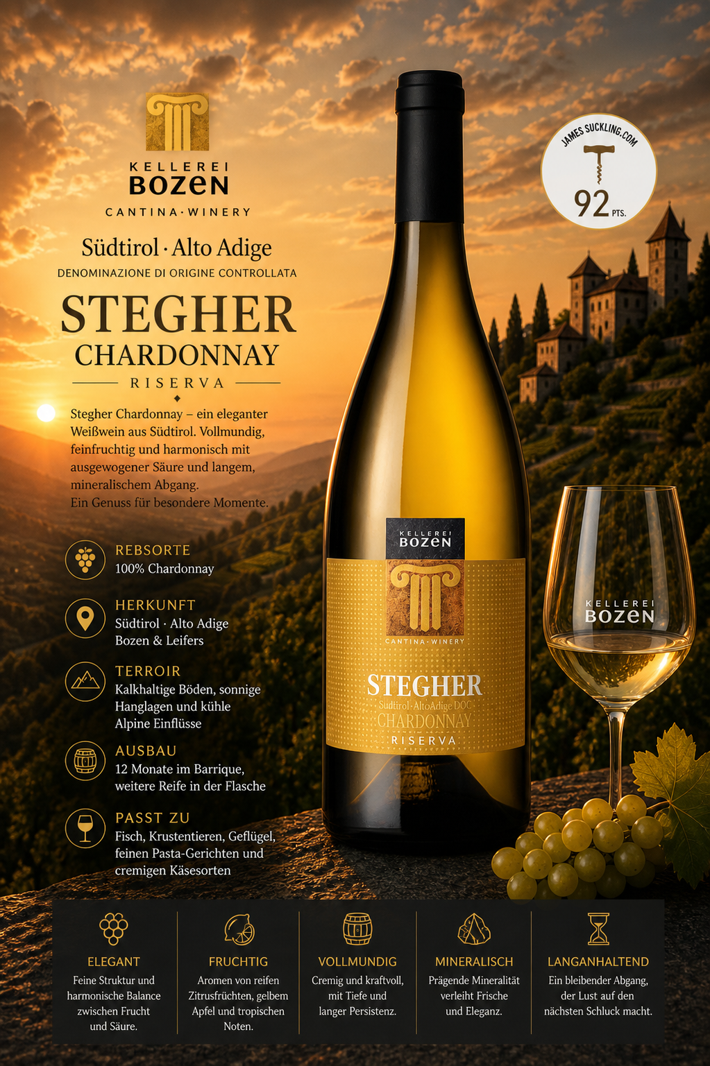 Weißwein, Chardonnay, Stegher, Flasche, Glas