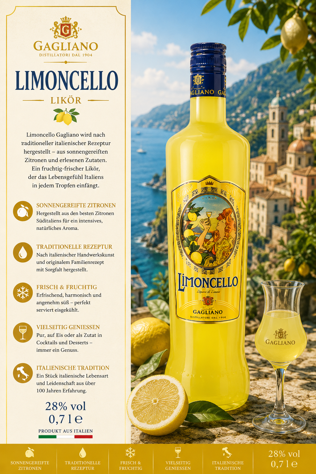 Limoncello, Likör, Zitrone, Flasche, Gelb
