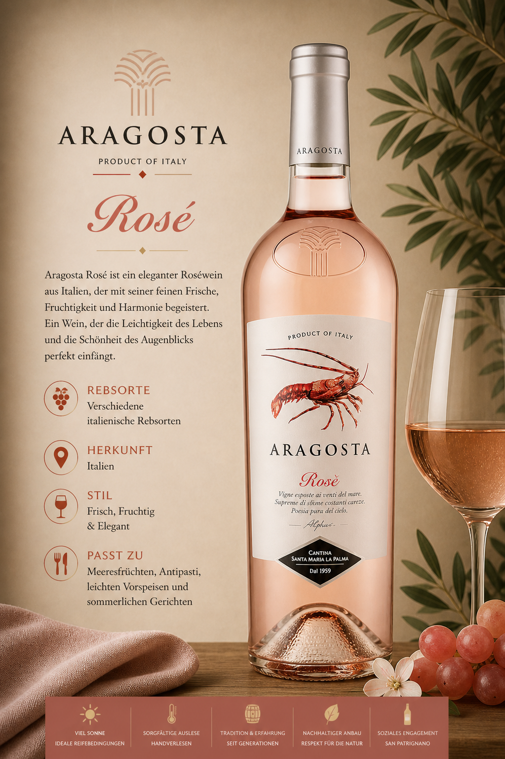 Rosé, Wein, Glasflasche, Italien, Pflanzenarrangement