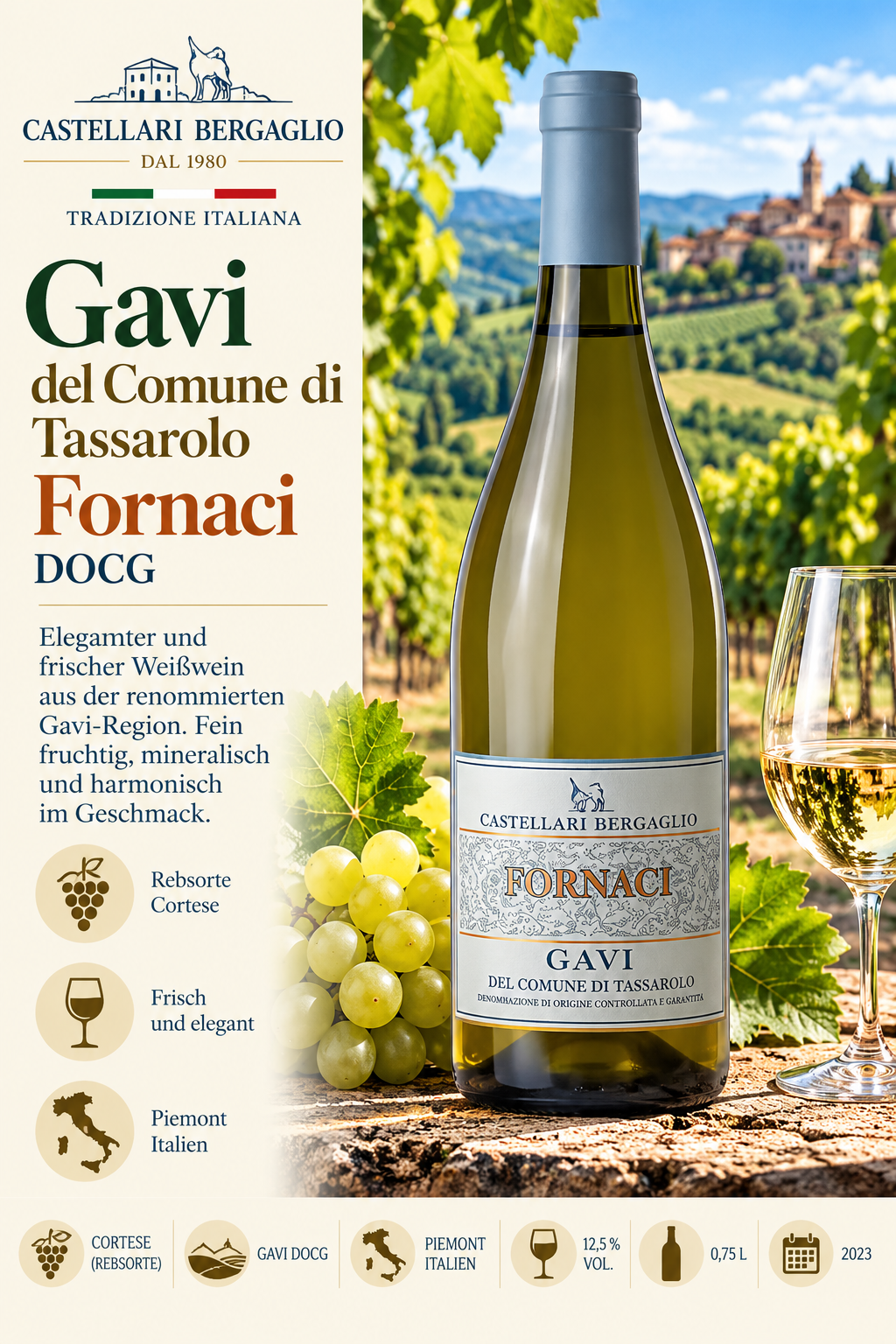 Weißwein, Gavi, Fornaci, Italien, Weinflasche
