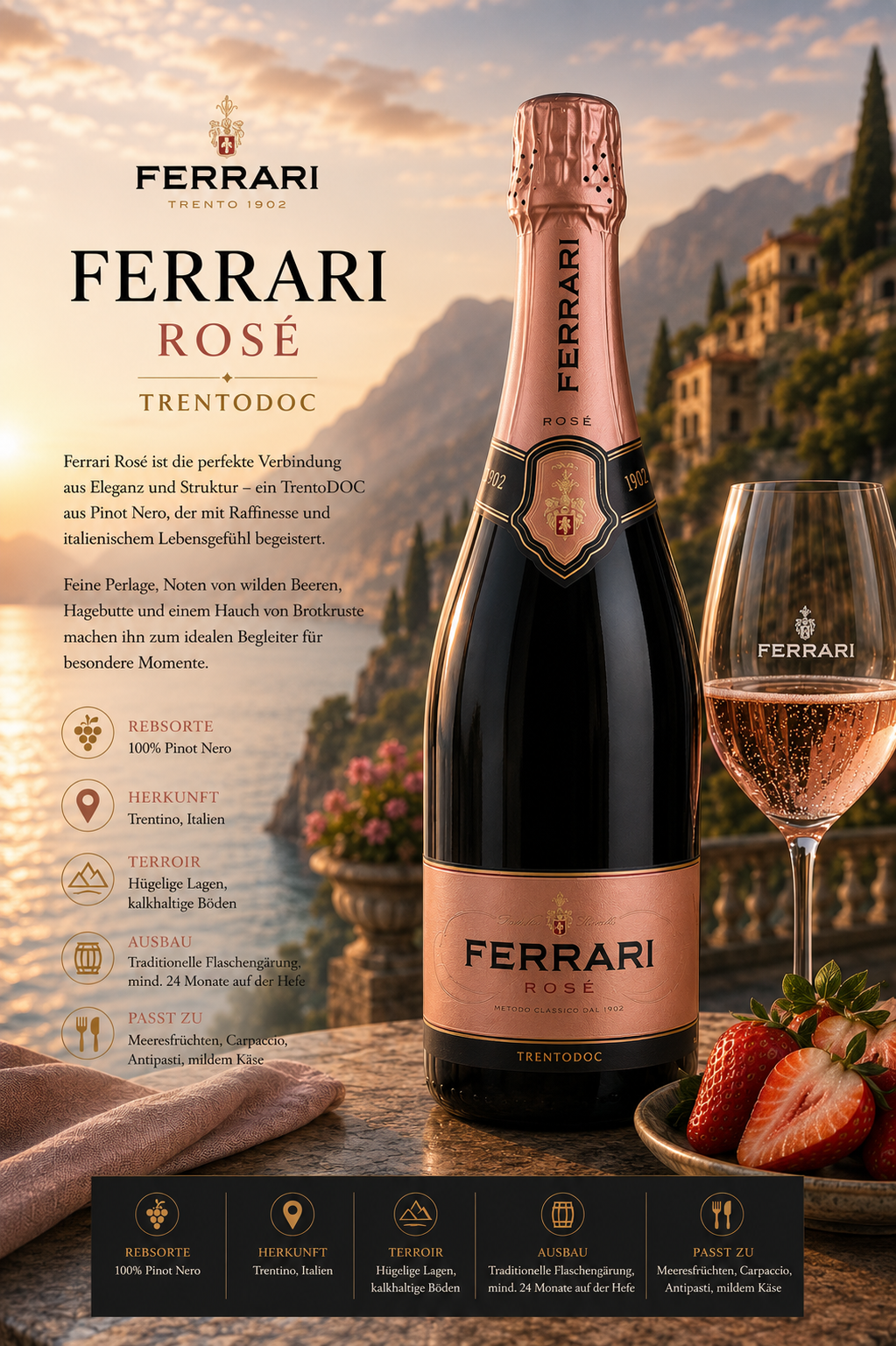 Sektflasche, Rosé, Pinot Noir, Trentodoc, Glas mit Ferrarilogo
