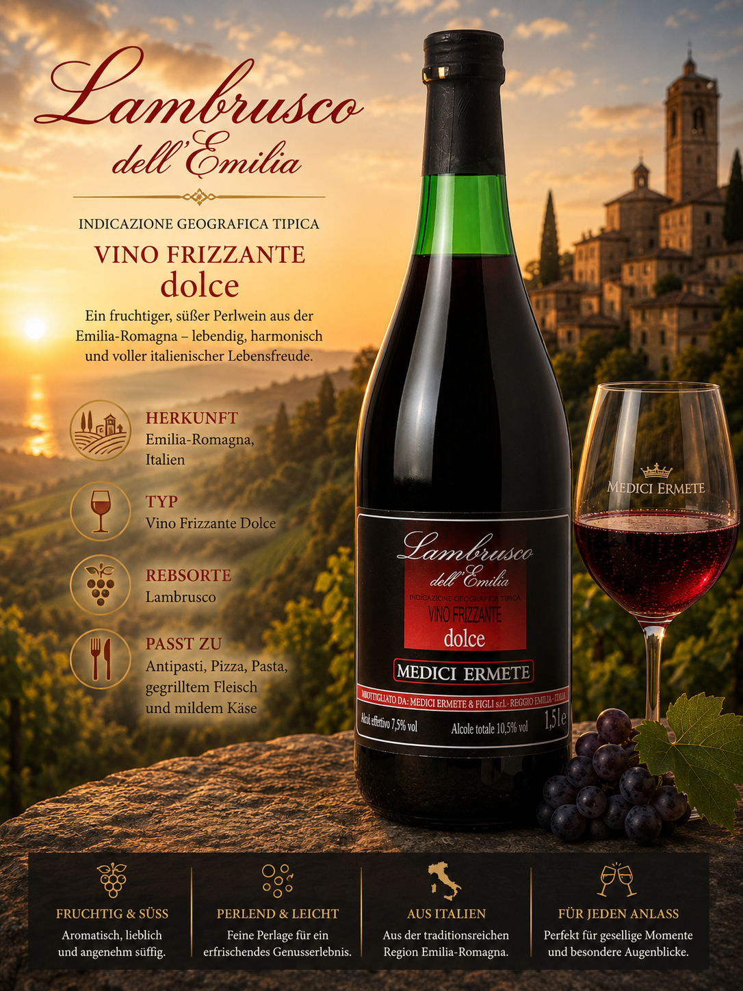 Wein, Rotwein, Lambrusco, Dolce, Flasche