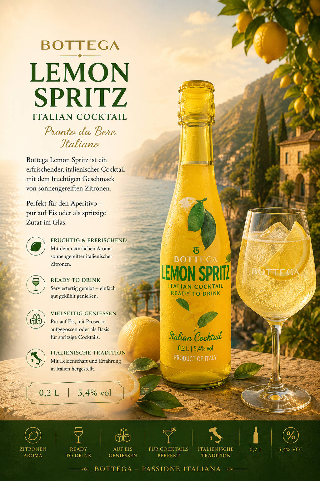 Lemon Spritz, Italienischer Cocktail, Zitrone, Sekt/Spirituose, 0,2 L | 5,4% vol