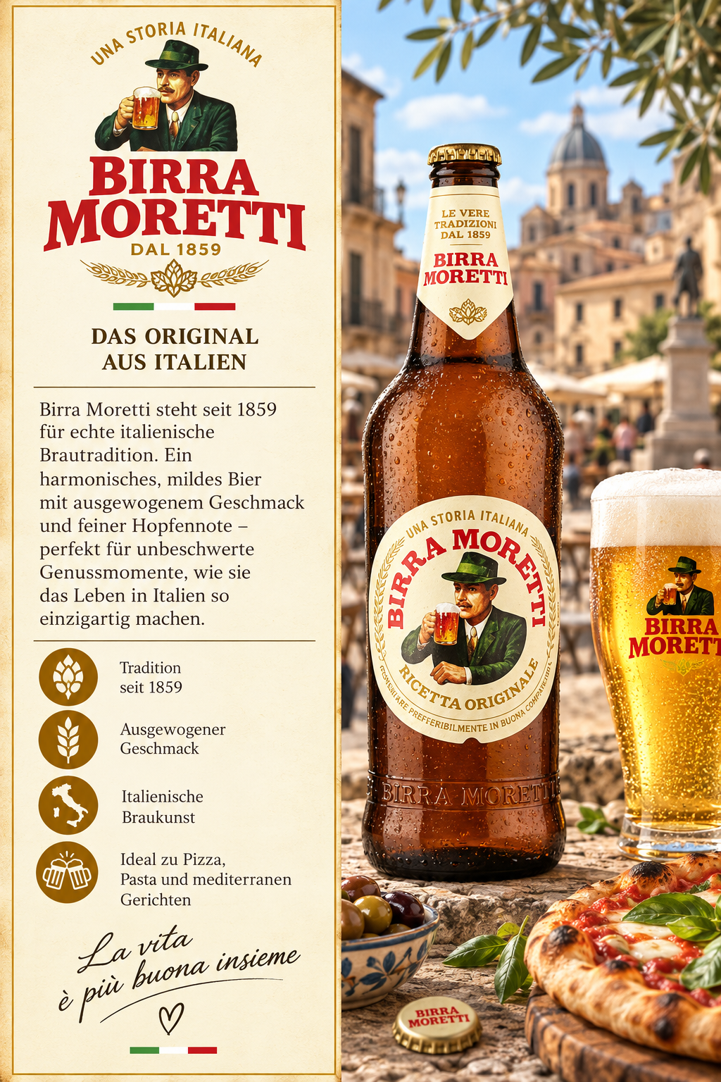 Bier, Moretti, Flasche, Etikett, Pizza-Beilage