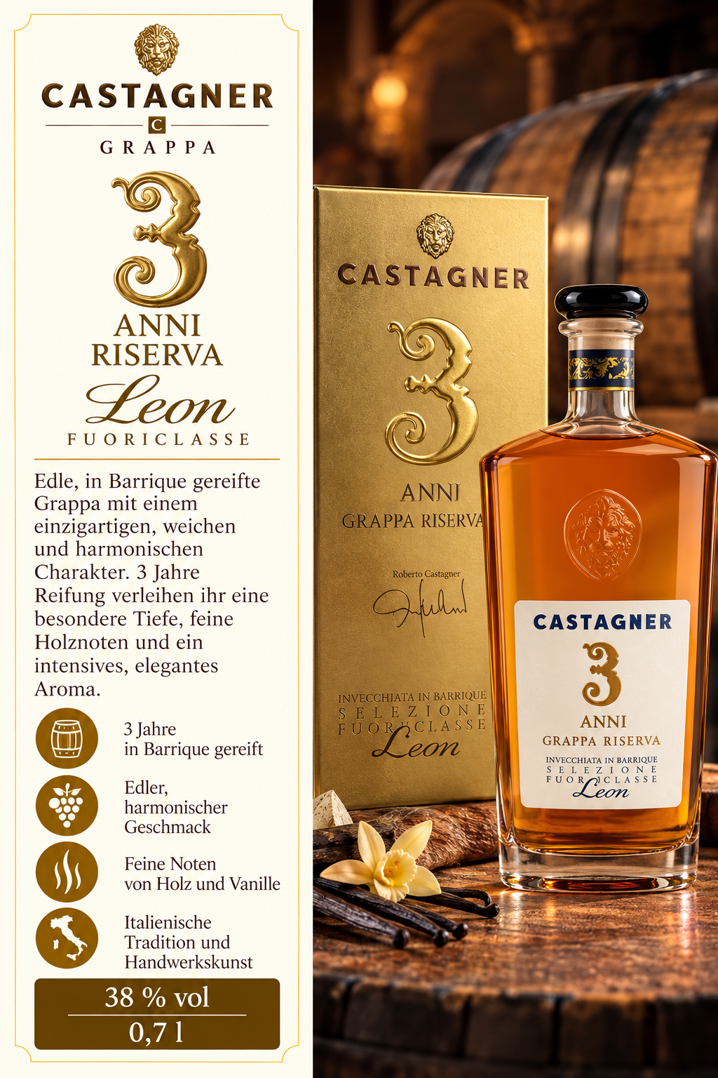 Grappa, 3 Jahre, Flasche, Holzfass, goldene Verpackung