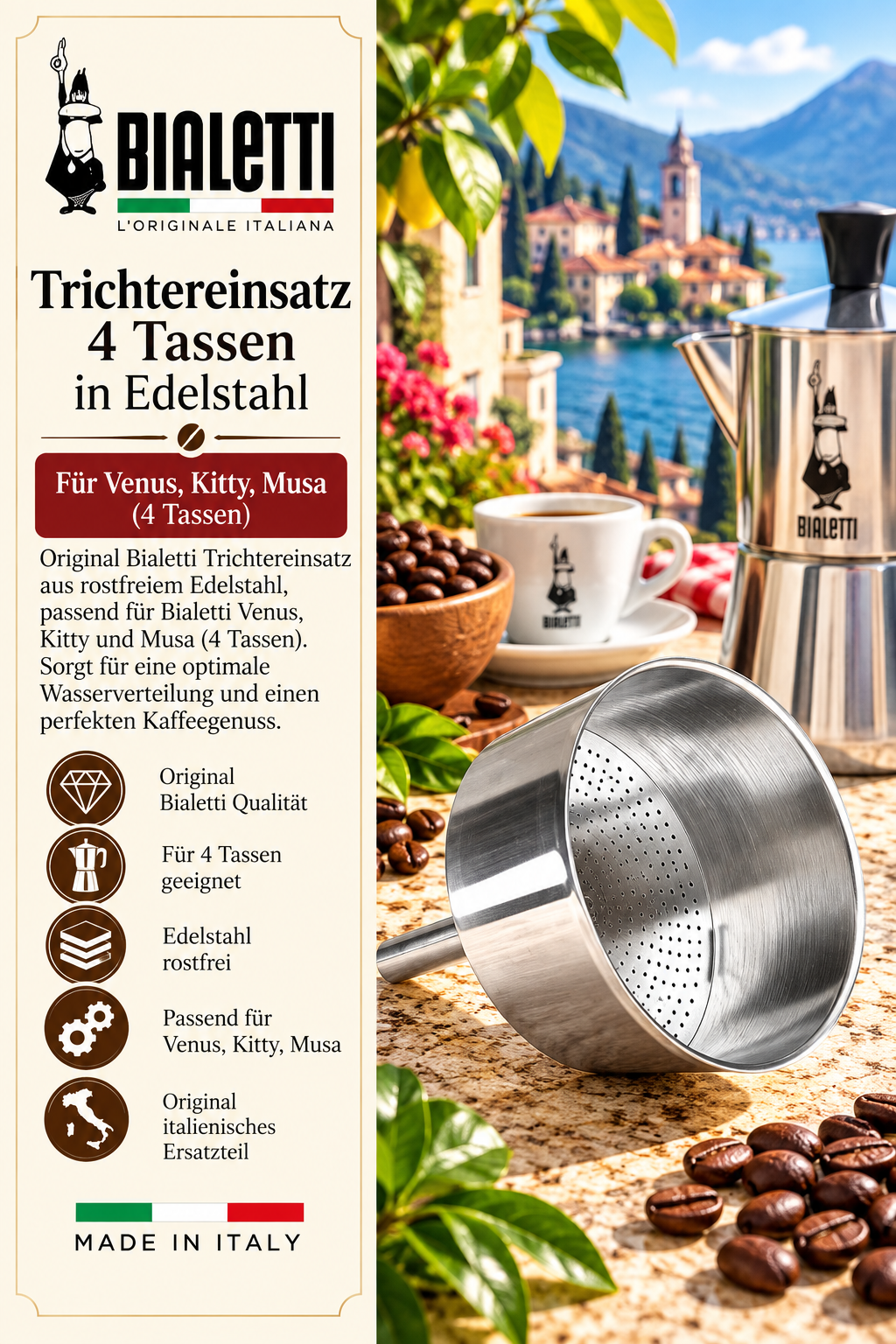 Kaffeefilter, Trichtereinsatz, Edelstahl, 4 Tassen, Made in Italy