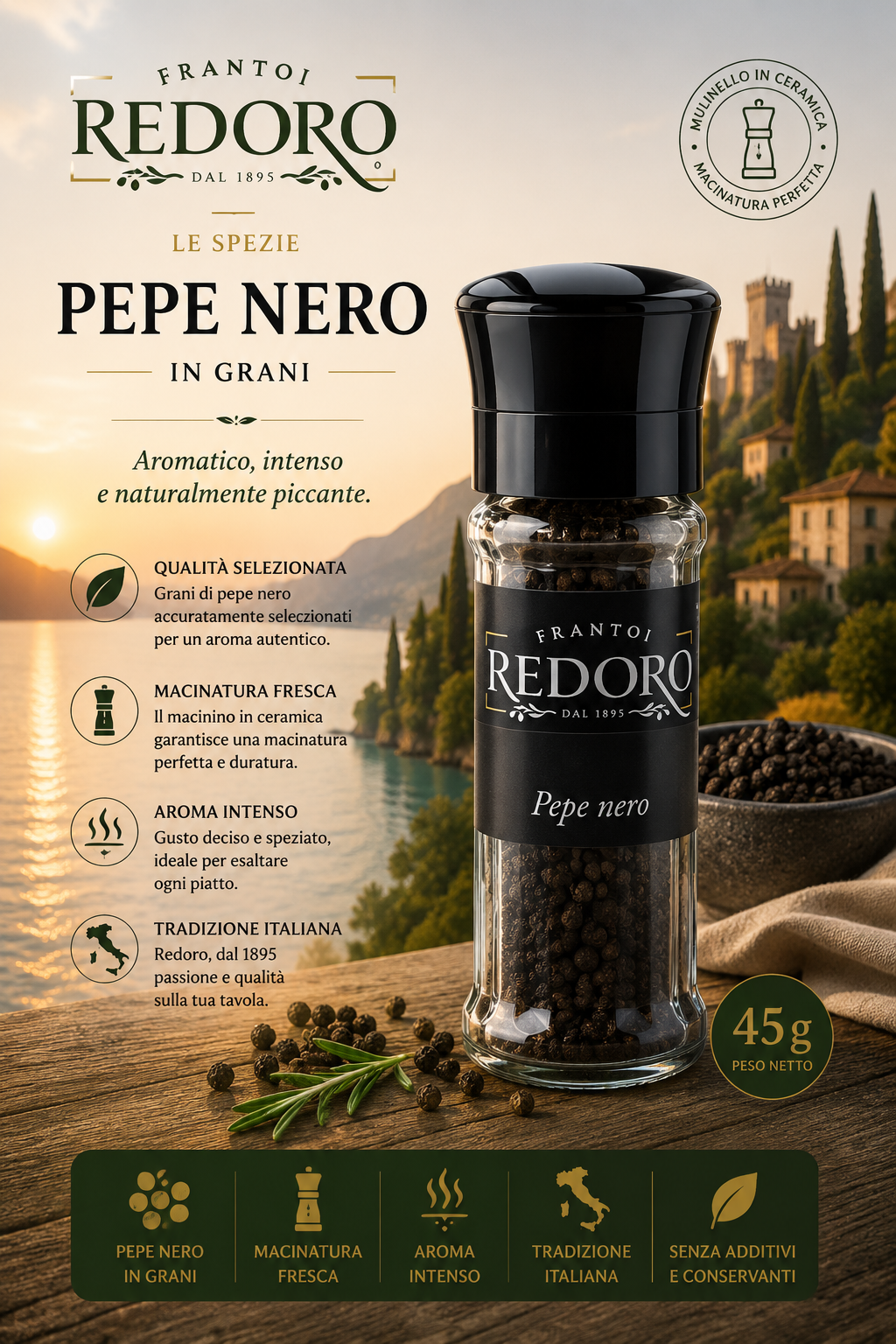 pepe nero, pfeffer, großes mahlwerk, in grani, mühle aus keramika