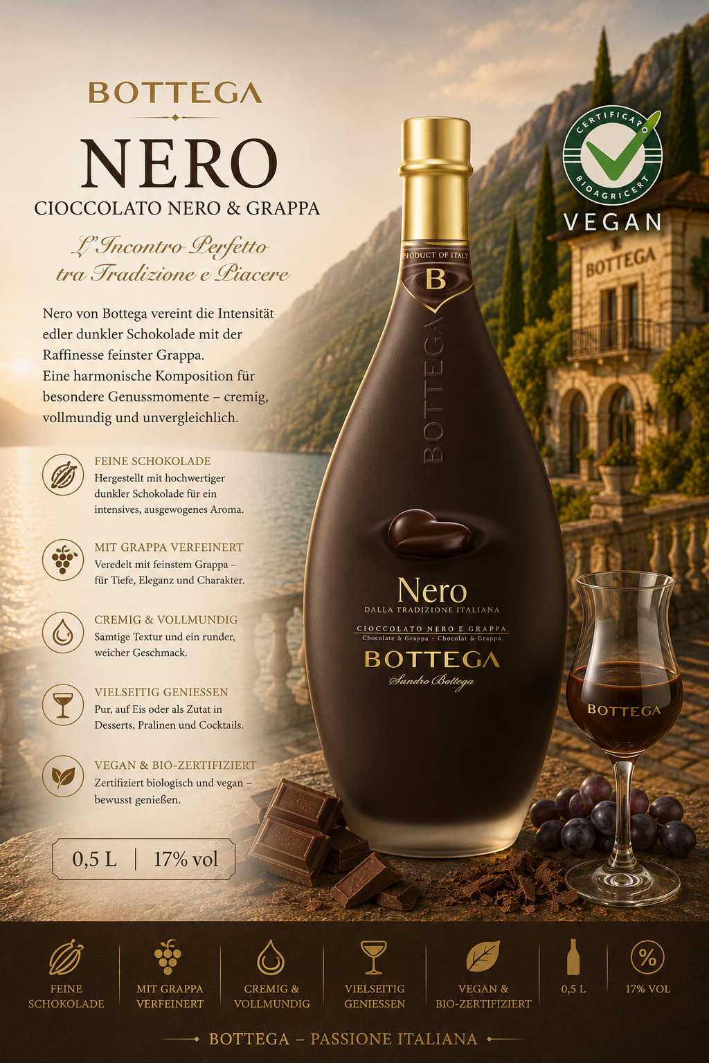 Schokolade, Nero, Kakaoglasur, Grappa-Verfeinert, 0,5L 17% vol