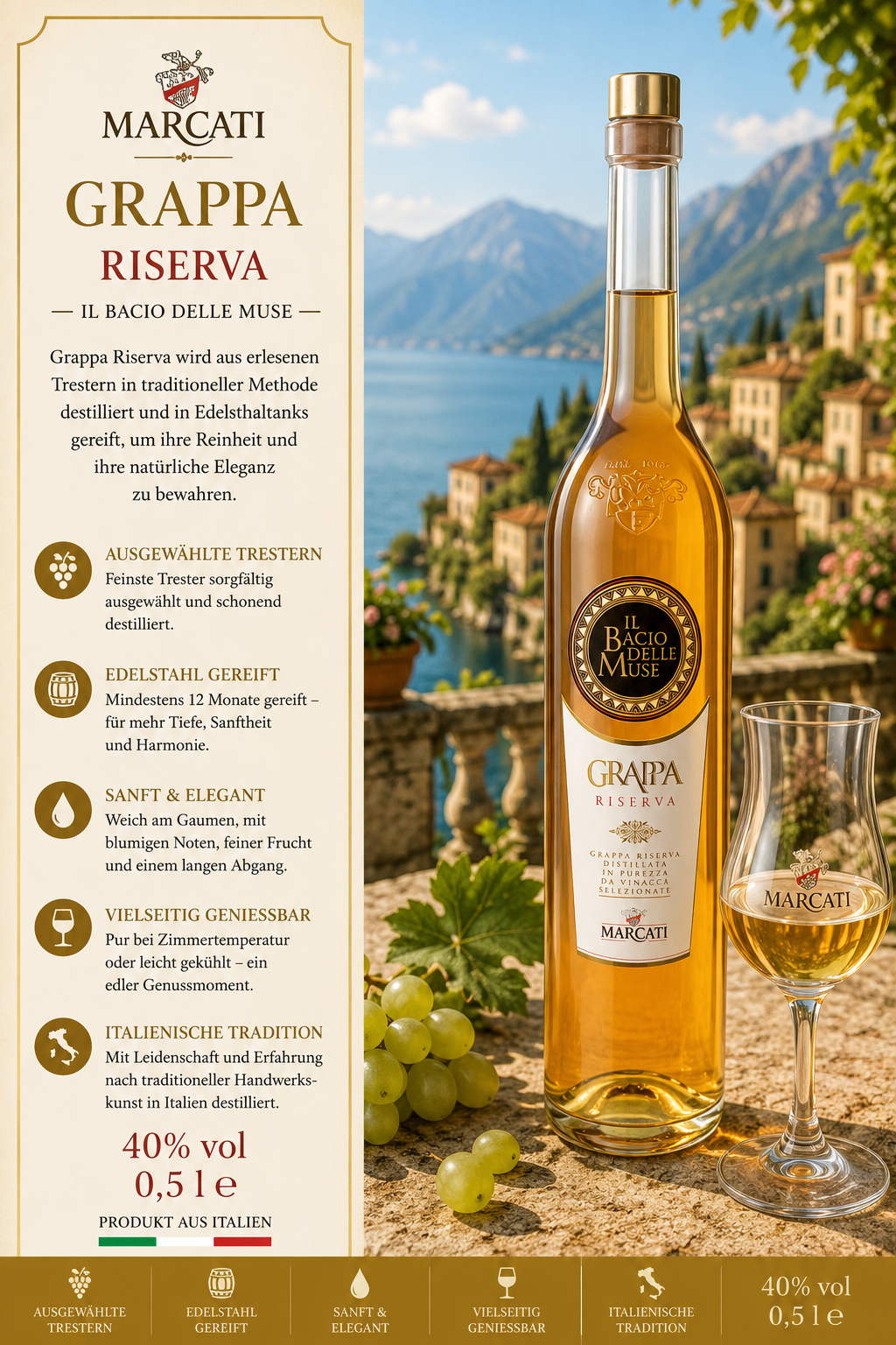 Grappa, Riserva, Glasflasche, Goldene Flüssigkeit, Italienische Tradition