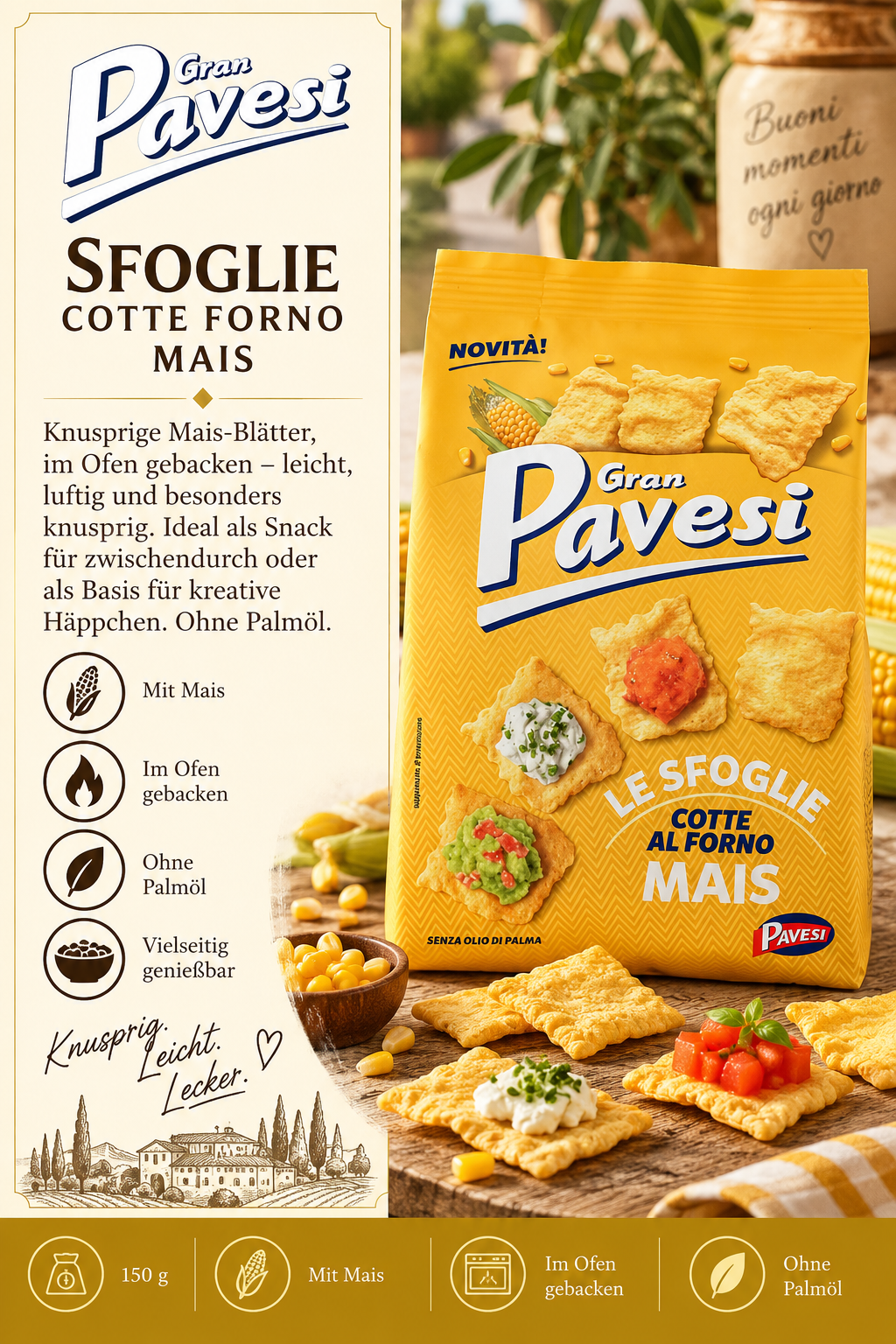 Snack, Maïskrokant, Kornchips, Maischips, Snackverpackung
