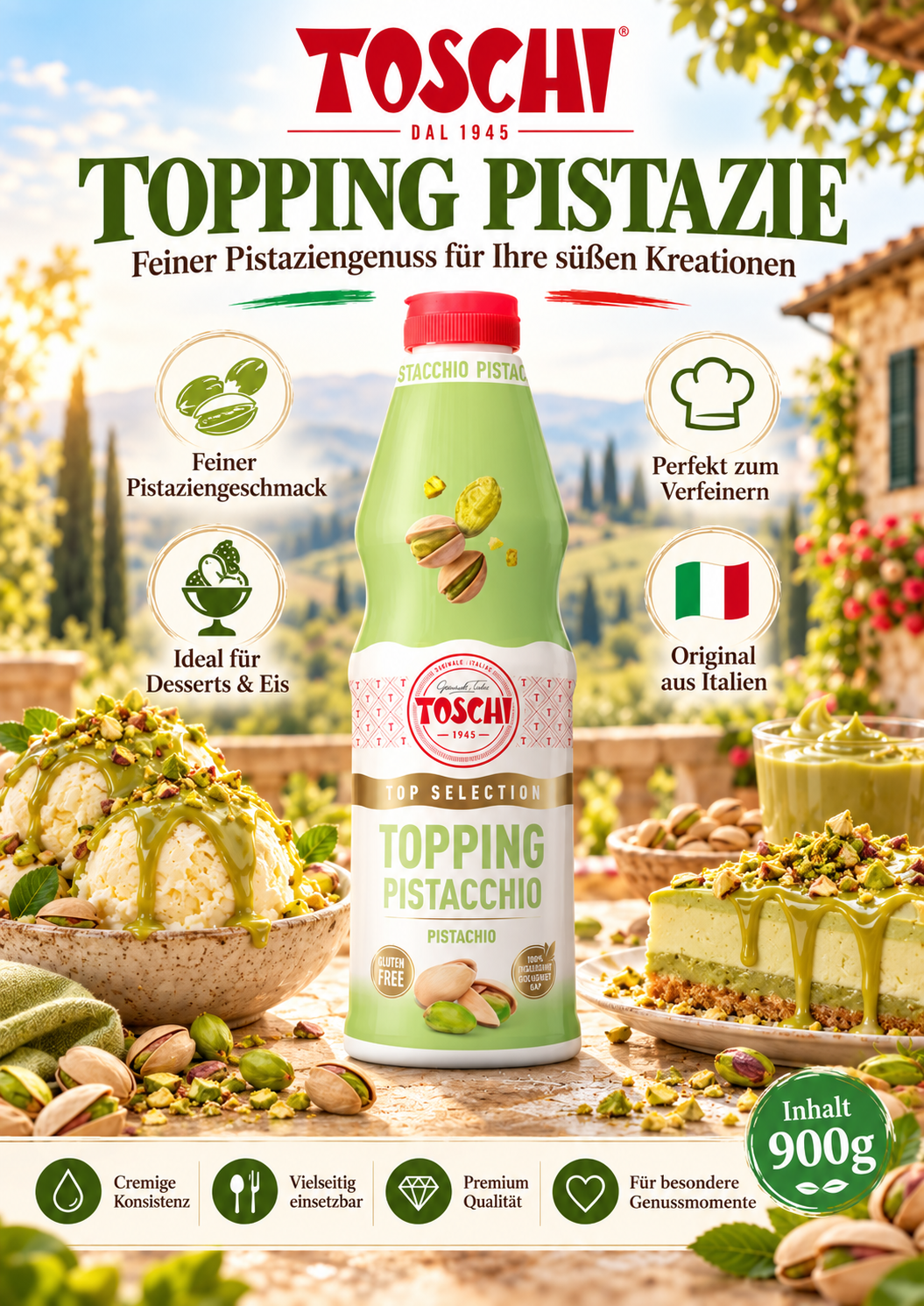 Topping Pistachio, Pistaziencreme, Glasflasche, Pistazien, Gelatinefrei