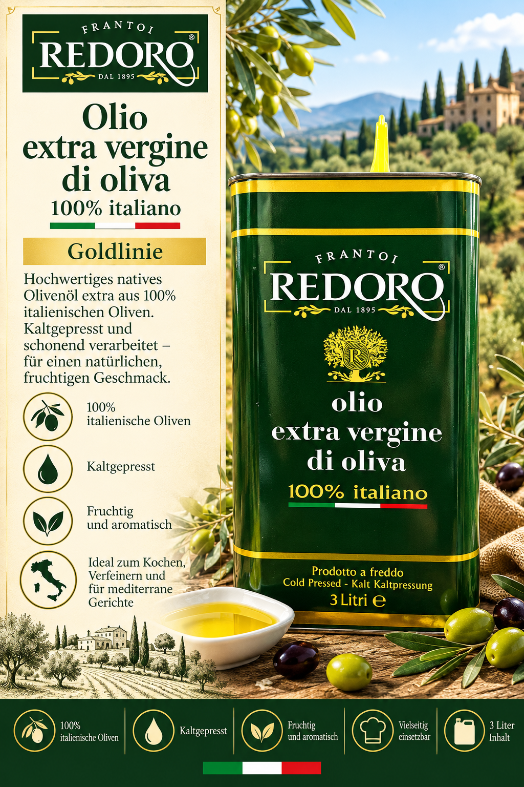 olivenöl, extra vergine, italiano, flasche, 3 liter