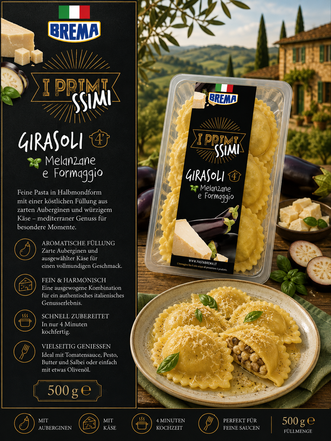 Girasoli, Melanzane e Formaggio, Pasta, Halbmondform, 500 g