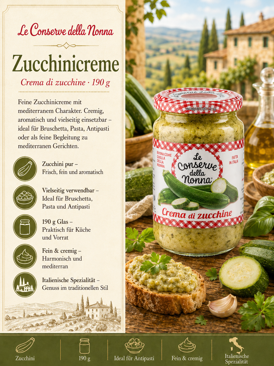Zucchini, Crema di zucchine, Glas 190 g, Mediterraner Charakter, Italienische Spezialität