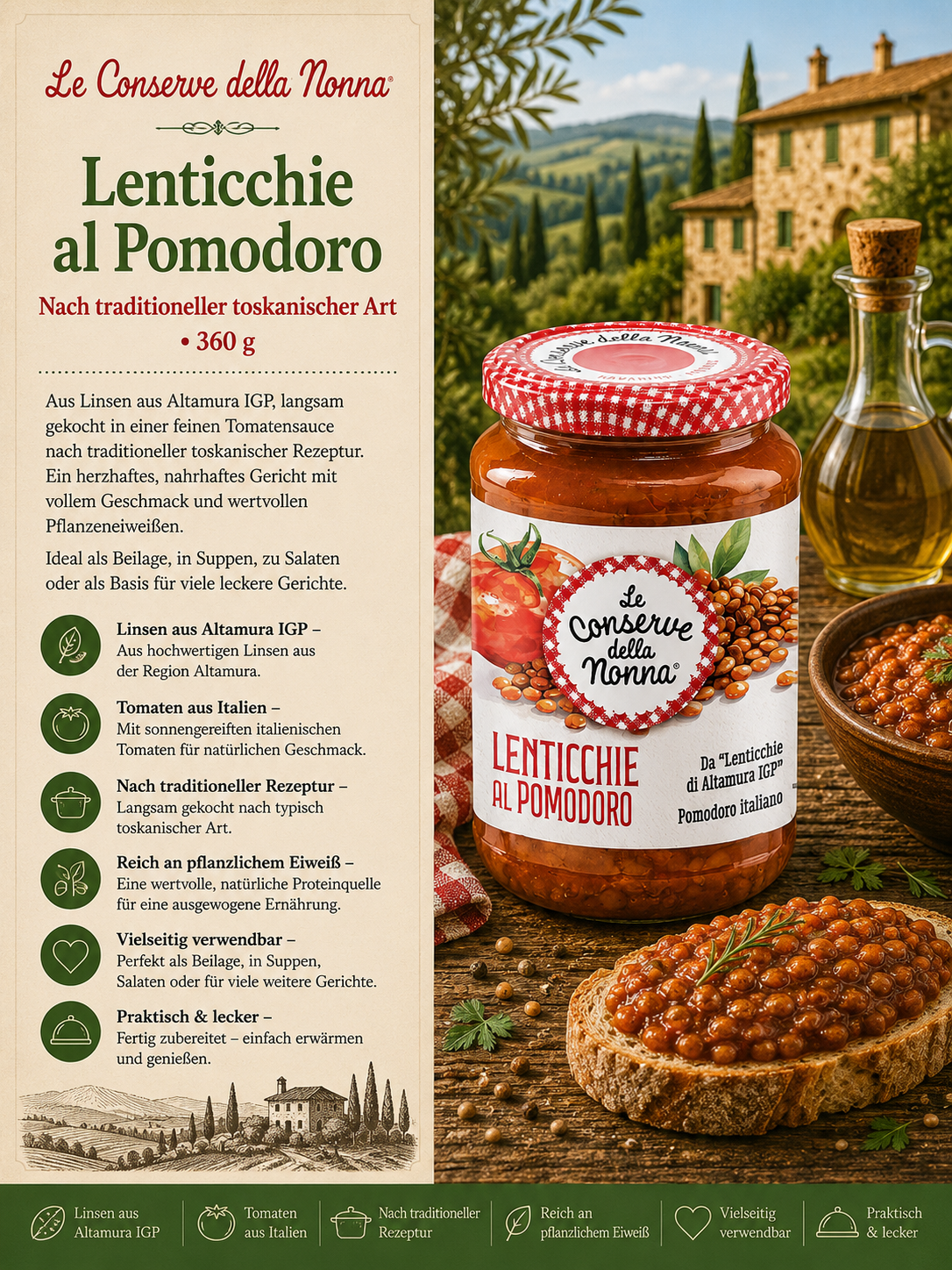 Lentilchen, Lenticchie al Pomodoro, Tomatensauce, Gläser mit Deckel, Toskanische Art