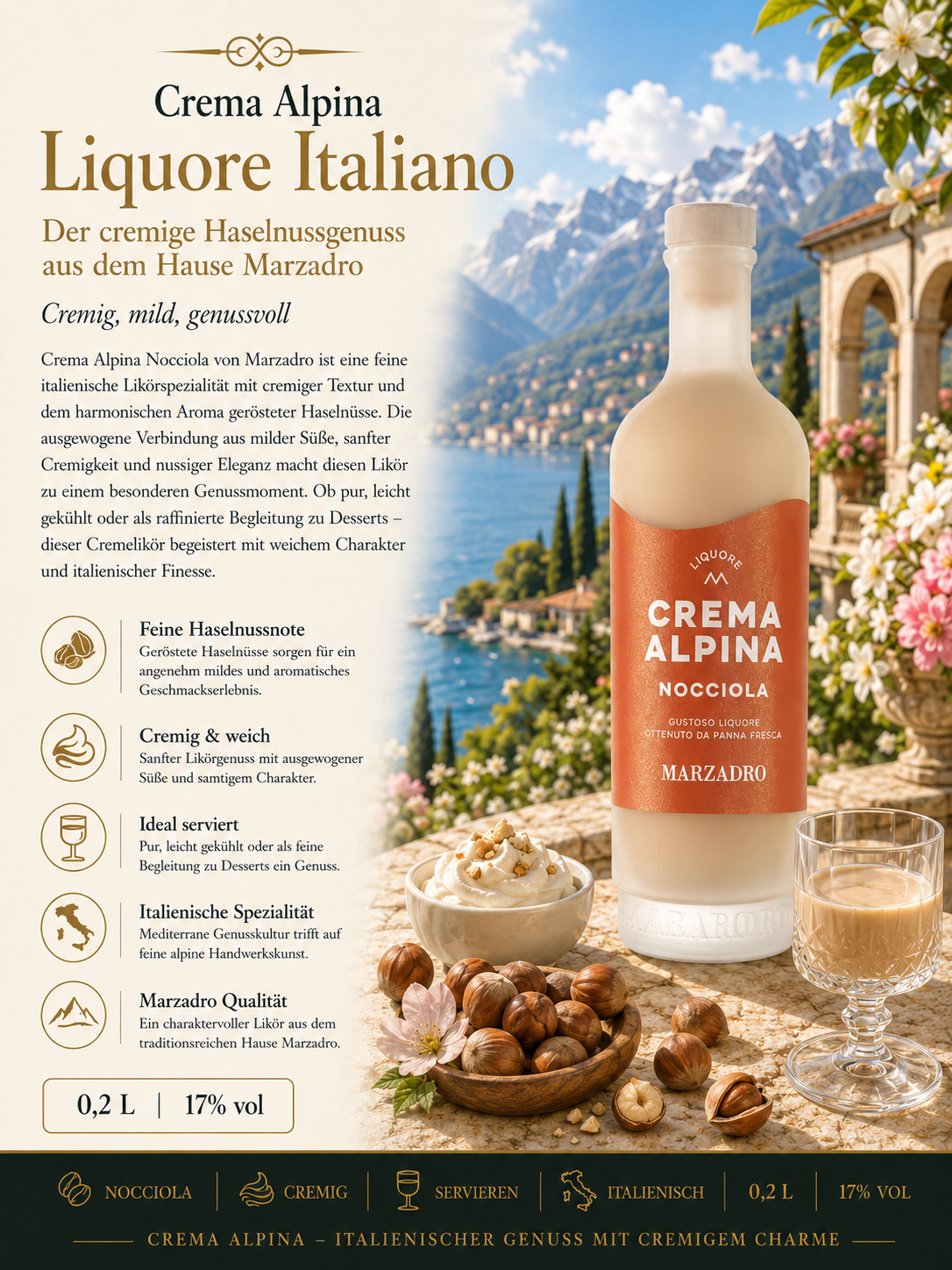 Likör, Haselnusslikör, Italienisch, Marzadro, Crema Alpina