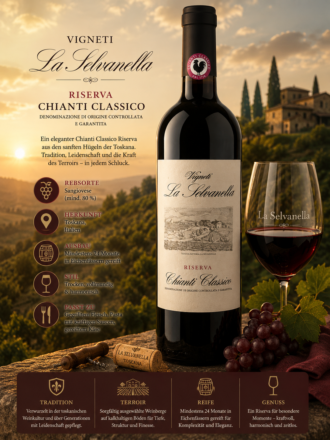 Weinflasche, Chianti Classico, Rotwein, Flasche mit Etikett, Glas Rotwein