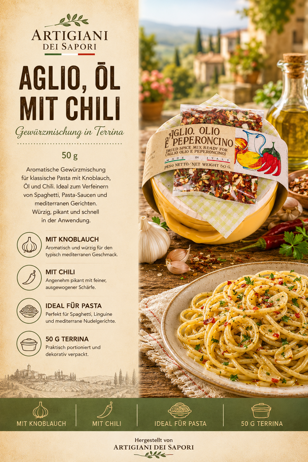 Aglio olio, Chili, Gewürzmischung, Pasta-Zutat, 50 g Terrina