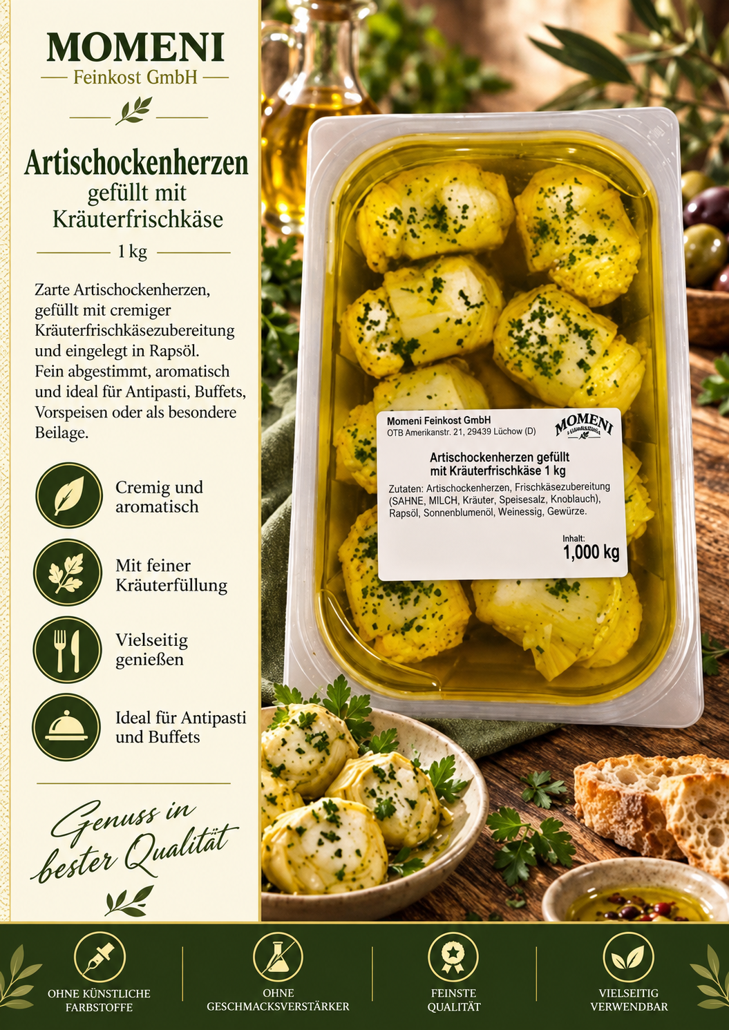 Artischockenherzen, gefüllt, Kräuterfrischkäse, 1 kg, Rapsöl