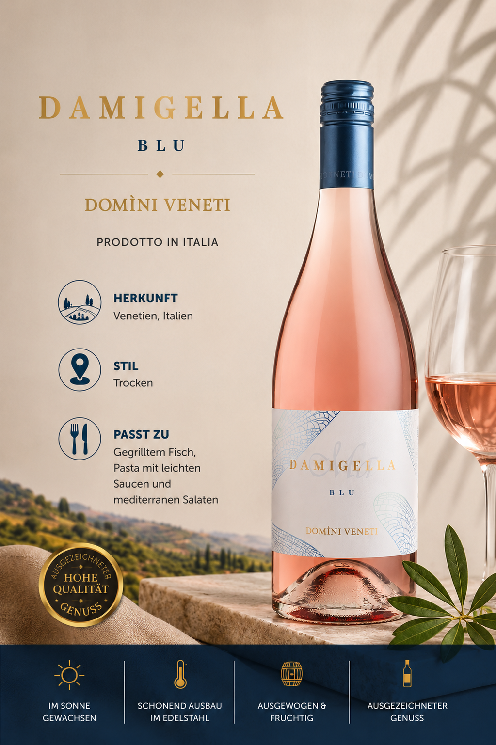 Rosé Wein, Weinflasche, Domini Veneti, Blaues Etikett, Italienische Weinqualität