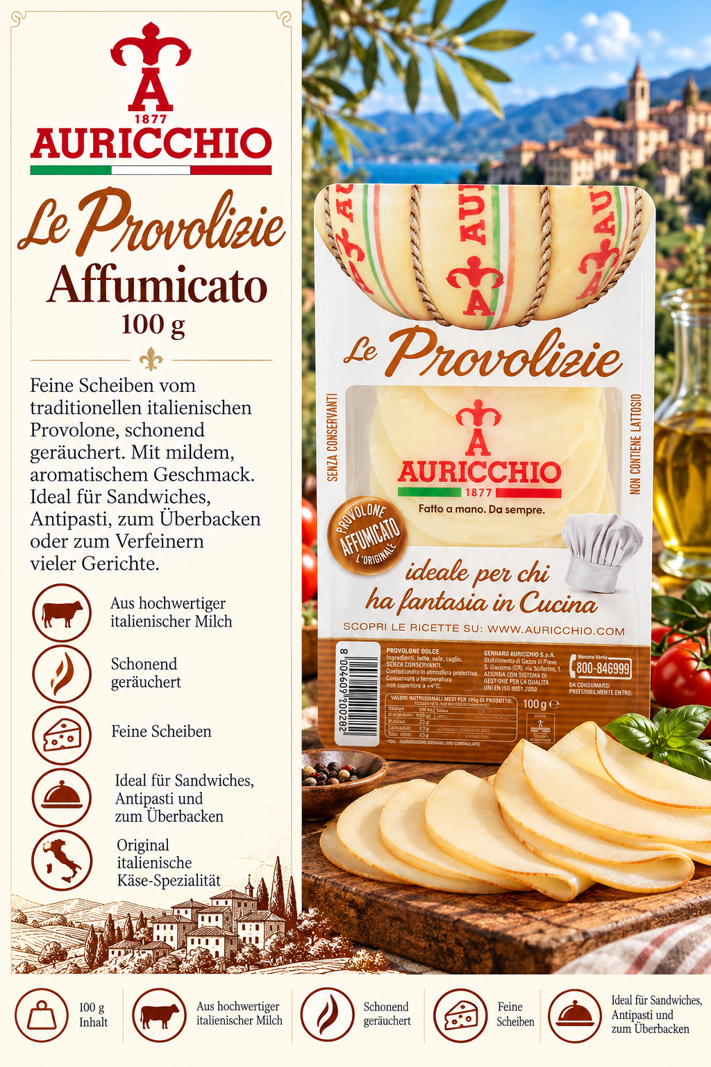 Käse, Provolone, Italienischer Käse, Scheiben, 100 g