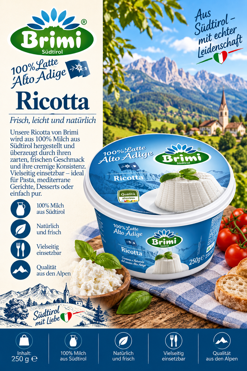 Ricotta, Milchprodukt, Käse, Alto Adige, 250 g